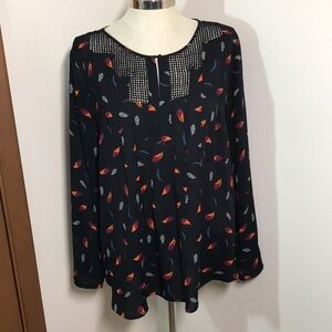 MEADOW RUE XL Blouse Anthropologie Top Black Peasant BOHO Print cut out NEW